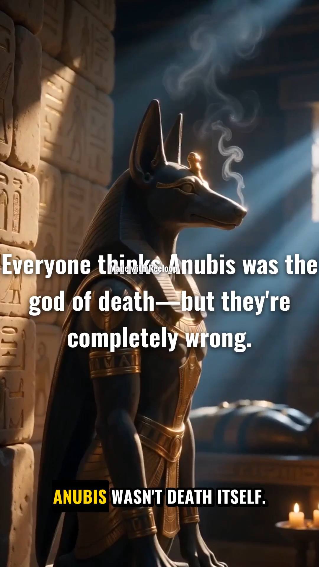 A dramatic 60-second story about Anubis and the misconception that he was simply the Egyptian god of death. Explain his role in mummification, protecting the dead, guiding souls, and the weighing of the heart against Ma'at's feather. Strong curiosity-driven hook, mysterious and conversational tone. Visuals: cinematic Ancient Egypt × anime fantasy, dark temples, Duat, hieroglyphics, gold and deep blue, elegant powerful jackal-headed Anubis. Mature, cinematic, not childish or cartoonish.